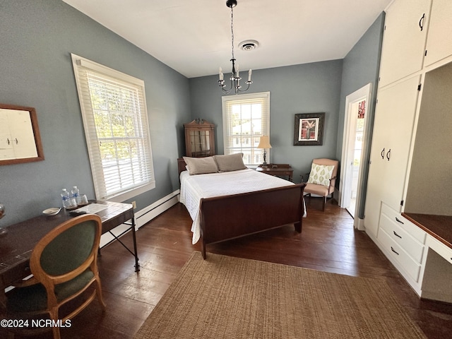 bedroom featuring dark wood-style floors, a notable chandelier, visible vents, baseboard heating, and baseboards