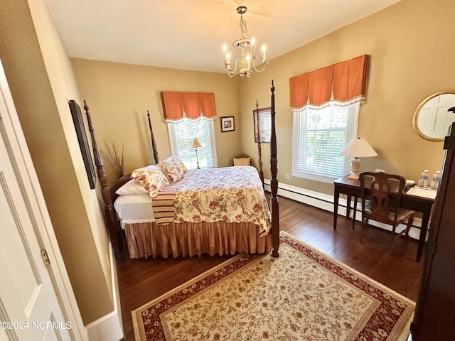 bedroom featuring baseboards, dark wood-style flooring, and an inviting chandelier