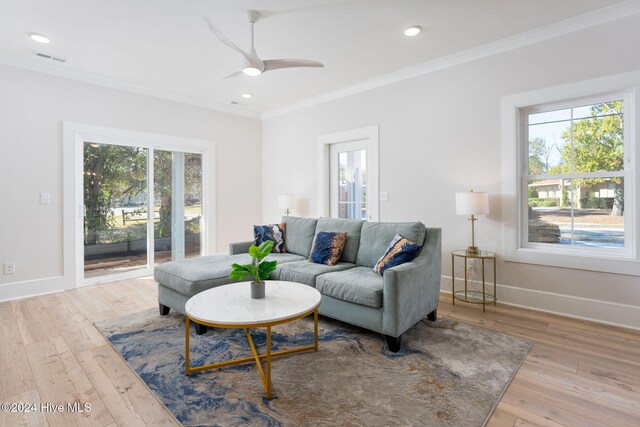 living room with crown molding, ceiling fan, and light wood-type flooring