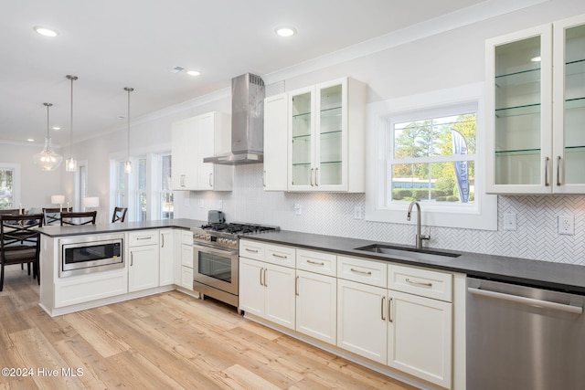 kitchen featuring wall chimney exhaust hood, stainless steel appliances, sink, pendant lighting, and light hardwood / wood-style flooring