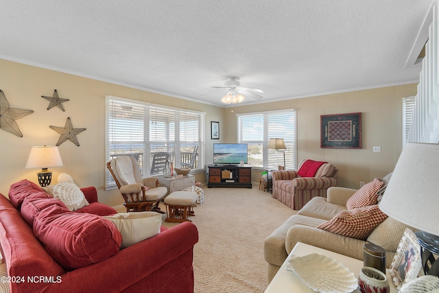 carpeted living room featuring ceiling fan, crown molding, and a textured ceiling