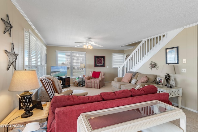 carpeted living room featuring ceiling fan, a textured ceiling, and ornamental molding