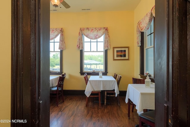 dining space featuring ceiling fan and dark hardwood / wood-style flooring