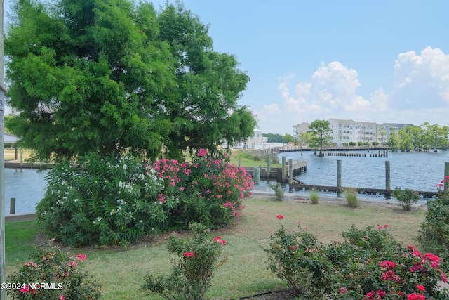 dock area with a water view and a lawn