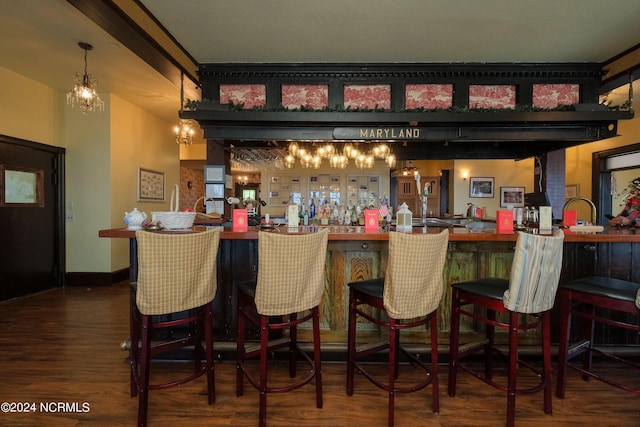 bar with dark hardwood / wood-style flooring