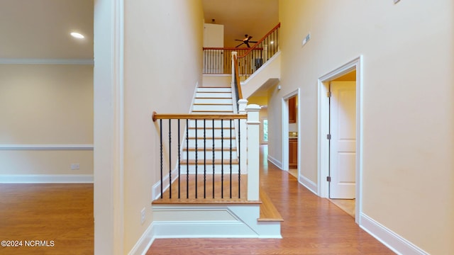 corridor featuring crown molding, light hardwood / wood-style flooring, and a high ceiling