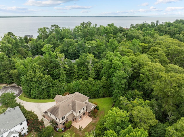 drone / aerial view with a water view