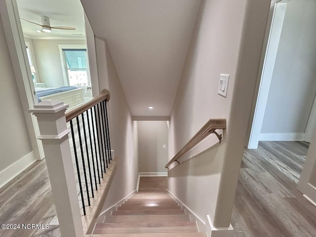 staircase featuring baseboards and wood finished floors