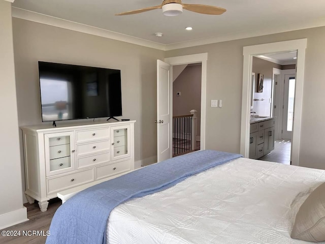 bedroom featuring recessed lighting, ornamental molding, dark wood-type flooring, a ceiling fan, and baseboards