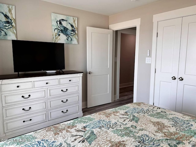 bedroom featuring a closet and dark wood-style flooring