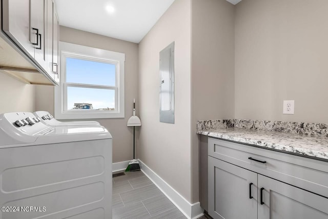 laundry area with baseboards, washing machine and dryer, cabinet space, and electric panel