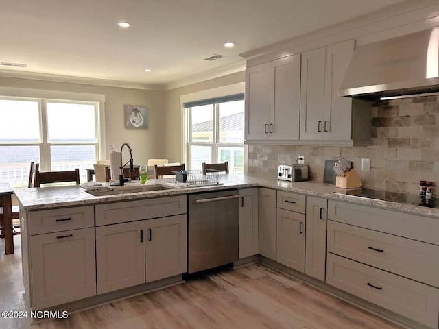 kitchen featuring visible vents, wall chimney exhaust hood, black electric cooktop, stainless steel dishwasher, and a sink