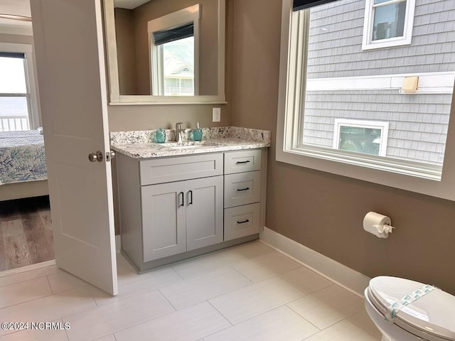 bathroom with a wealth of natural light, connected bathroom, vanity, and toilet