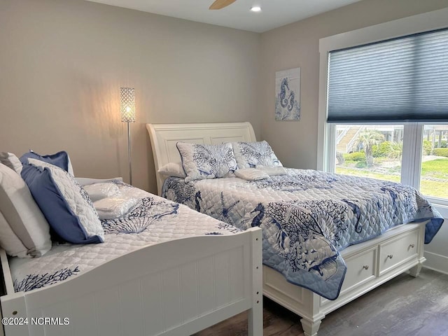 bedroom with dark wood-style floors, ceiling fan, and recessed lighting