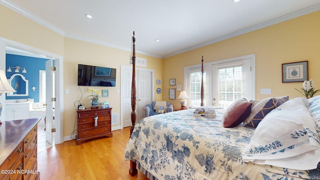 bedroom featuring crown molding, french doors, ensuite bathroom, and light hardwood / wood-style floors