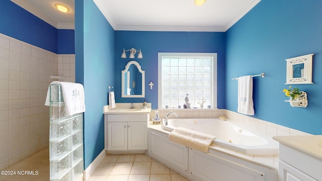 bathroom featuring tile patterned flooring, vanity, ornamental molding, and shower with separate bathtub