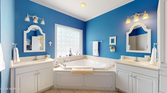 bathroom with a garden tub, ornamental molding, two vanities, and a sink