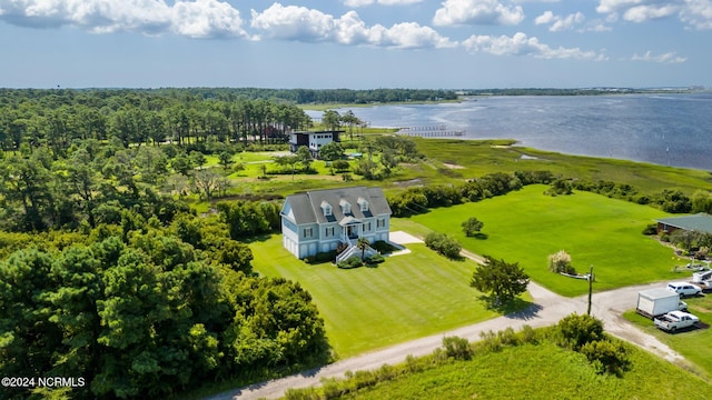 drone / aerial view with a water view