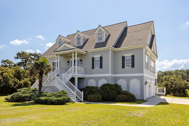 view of front of property featuring driveway, a shingled roof, stairway, an attached garage, and a front lawn