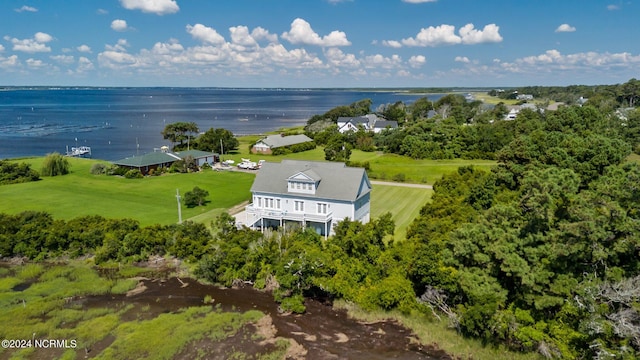 birds eye view of property featuring a water view