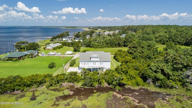 drone / aerial view with a water view