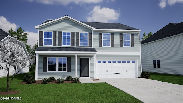 view of front of home with a front yard and a garage