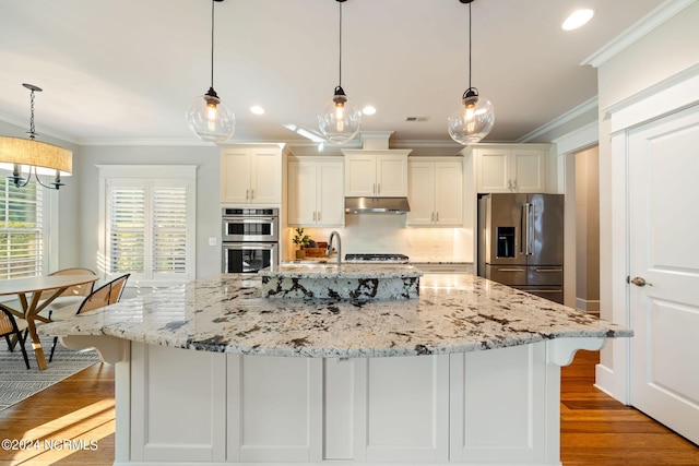 kitchen featuring stainless steel appliances, dark wood-style flooring, ornamental molding, and under cabinet range hood