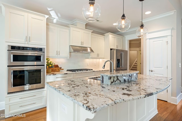 kitchen with appliances with stainless steel finishes, a kitchen island with sink, crown molding, under cabinet range hood, and backsplash