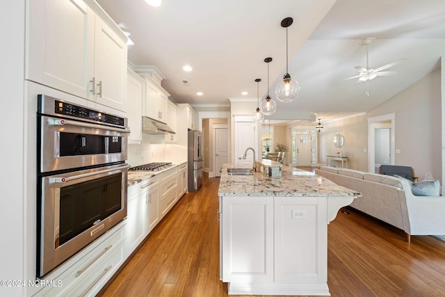 kitchen featuring light wood-style flooring, a sink, open floor plan, appliances with stainless steel finishes, and decorative backsplash