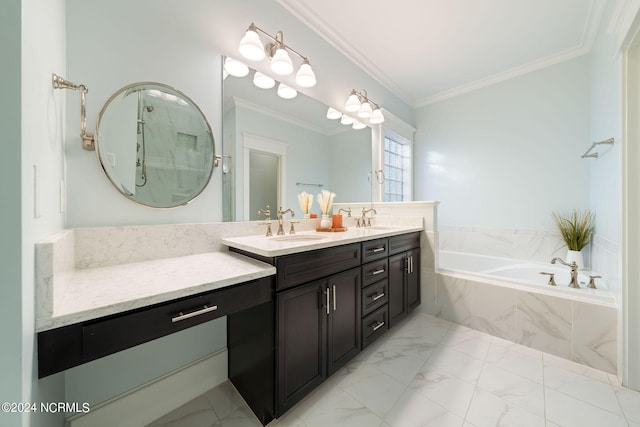 bathroom with crown molding, double vanity, a sink, and a bath