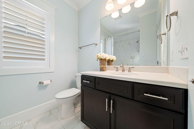 full bathroom featuring toilet, vanity, baseboards, marble finish floor, and crown molding