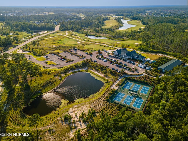 birds eye view of property featuring a water view and a view of trees