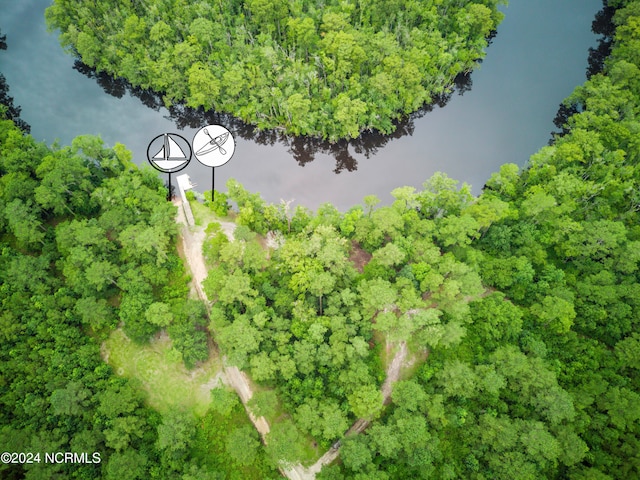 aerial view featuring a water view and a wooded view