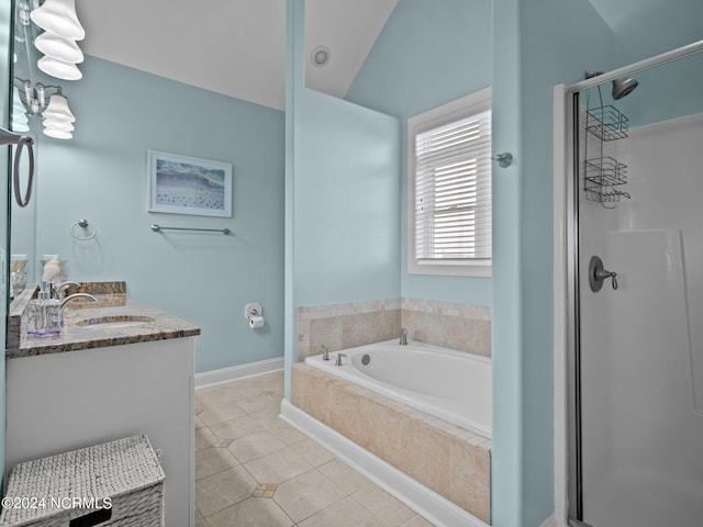 bathroom featuring vanity, tile patterned floors, and independent shower and bath