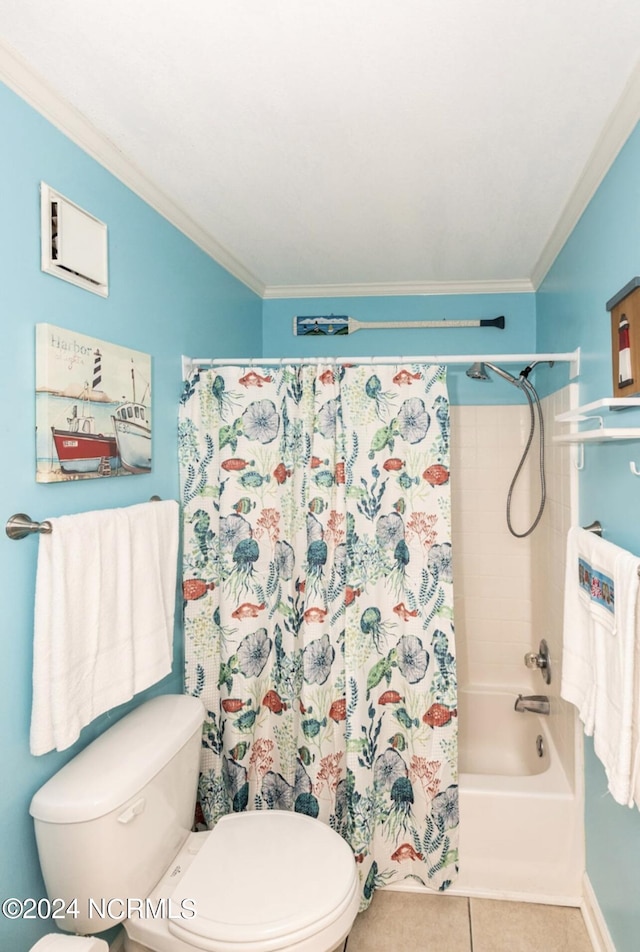 bathroom featuring tile patterned flooring, ornamental molding, toilet, and shower / tub combo with curtain