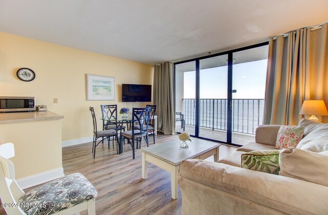 living room with hardwood / wood-style floors and floor to ceiling windows