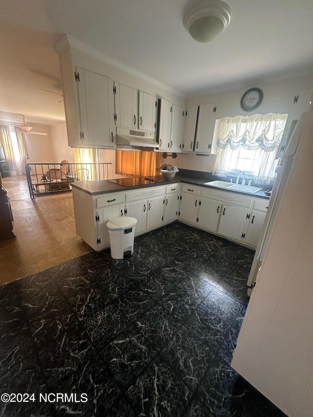 kitchen featuring sink, white cabinetry, crown molding, kitchen peninsula, and black electric stovetop