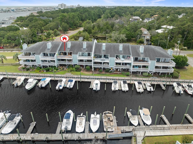 aerial view featuring a water view