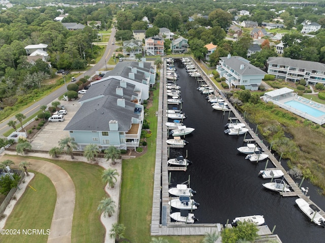 bird's eye view with a water view