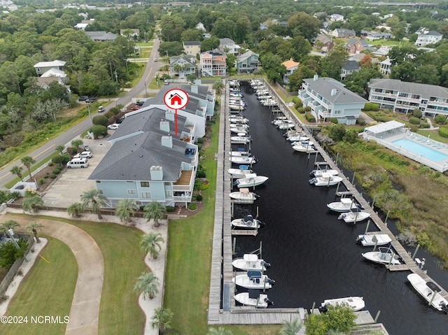 drone / aerial view featuring a water view