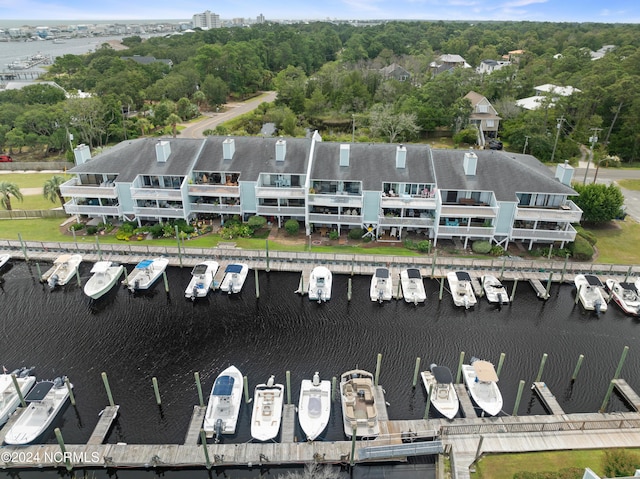 drone / aerial view with a water view