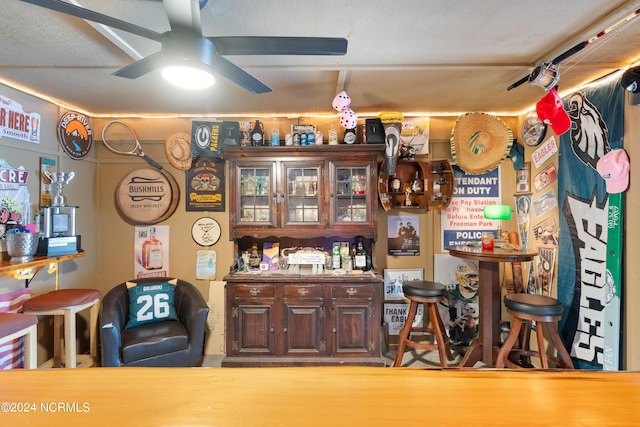 bar with ceiling fan and a dry bar