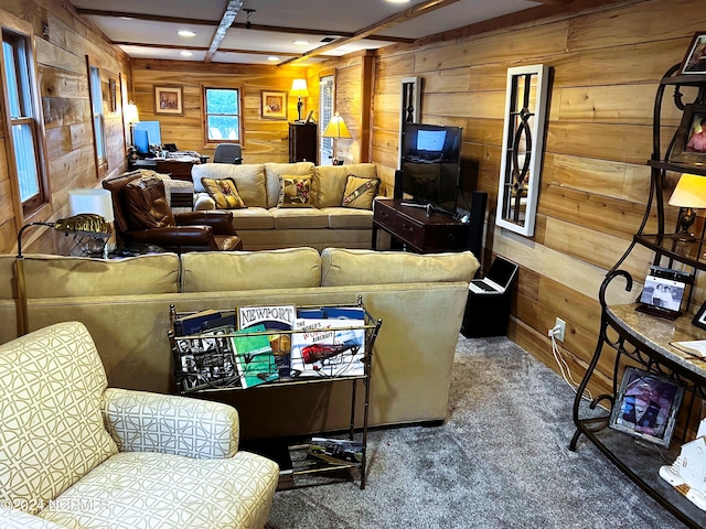 living room with carpet and wooden walls