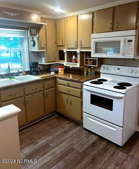 kitchen featuring sink, dark hardwood / wood-style flooring, white appliances, and ornamental molding