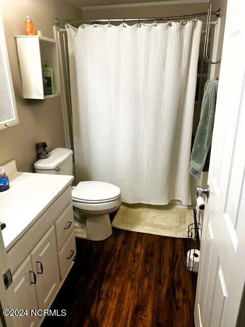 bathroom featuring vanity, toilet, and wood-type flooring