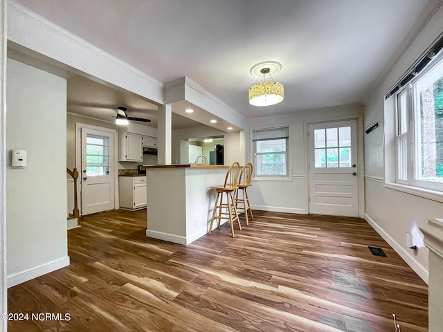 kitchen with plenty of natural light, visible vents, a breakfast bar, and dark wood-style flooring