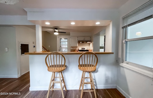 kitchen featuring baseboards, dark wood-style floors, a breakfast bar area, stainless steel stove, and under cabinet range hood