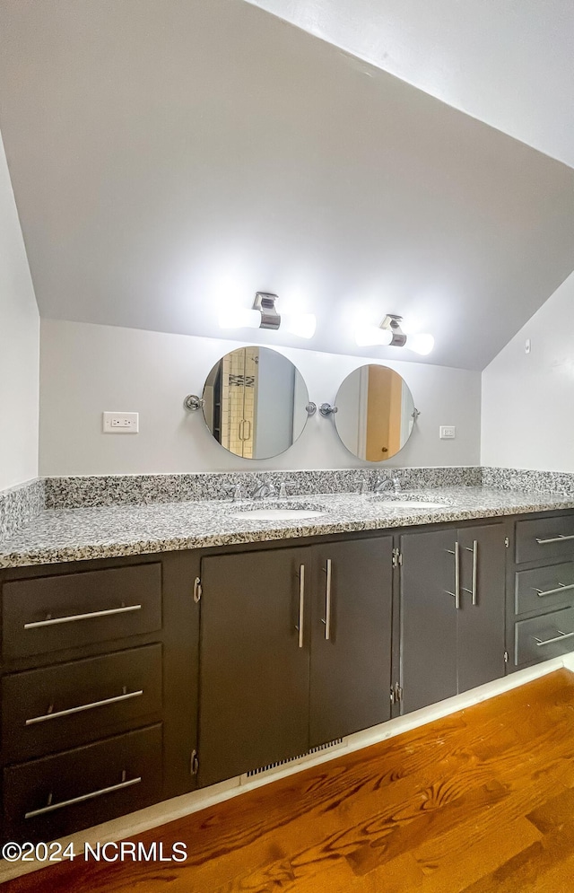 bathroom featuring lofted ceiling, wood finished floors, and vanity