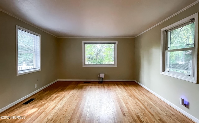 spare room with plenty of natural light, visible vents, and crown molding