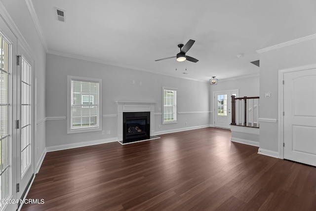 unfurnished living room with ceiling fan, dark hardwood / wood-style floors, and ornamental molding